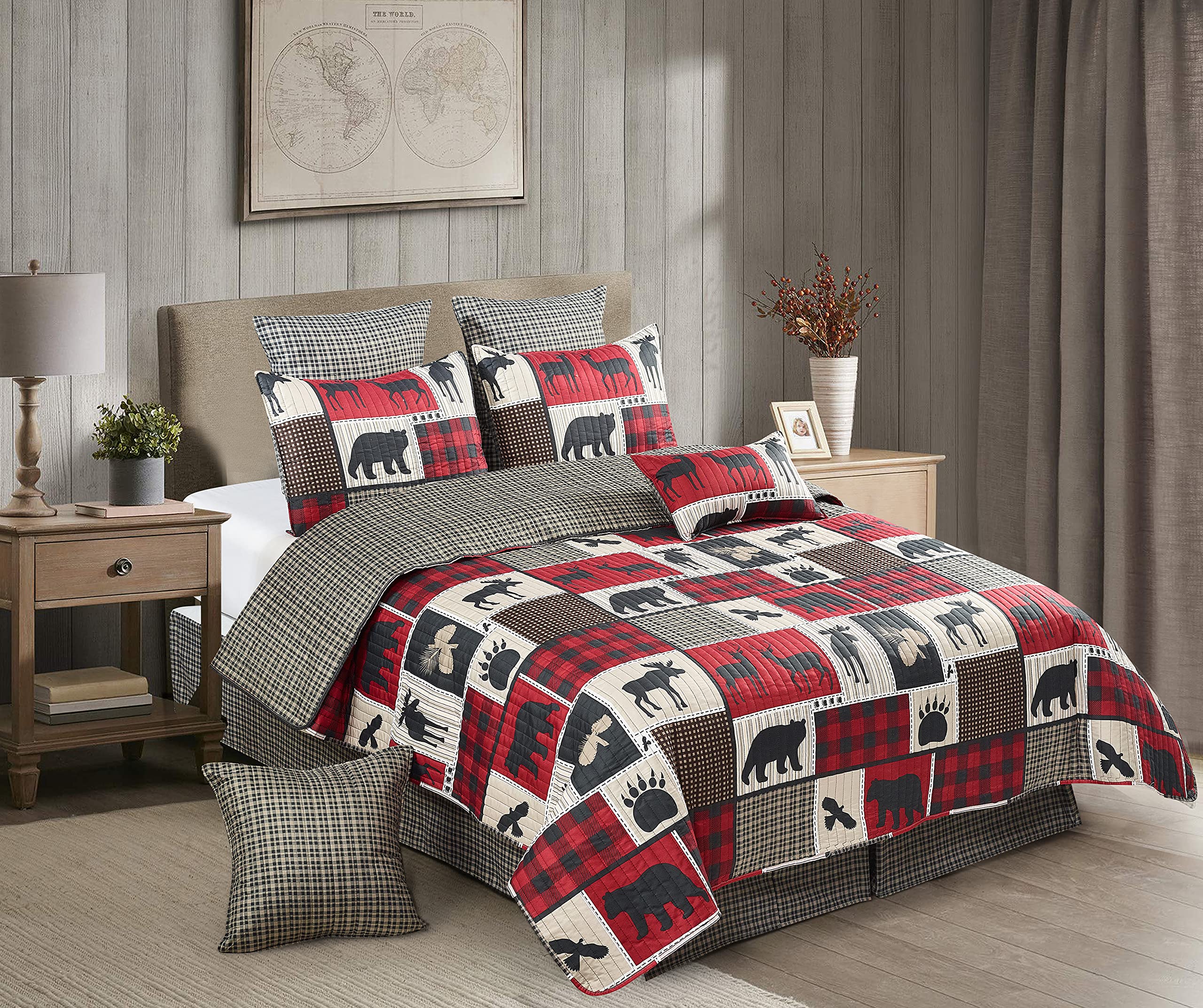 Virah Bella 3 Piece King Cabin Quilt Bedding Set - Lodge Life - Rustic Country Reversible Patchwork Comforter Set With Decorativ